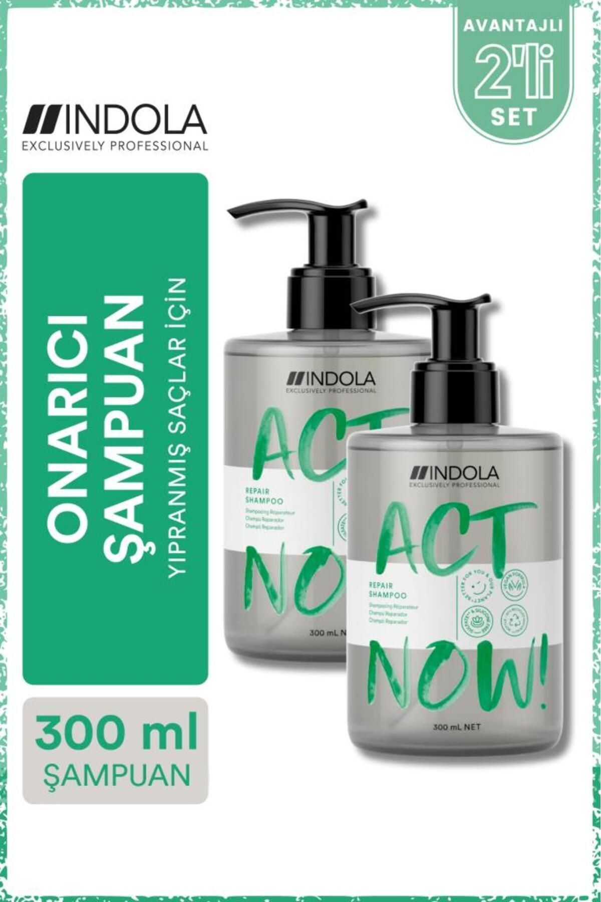 Indola ACT NOW! Yıpranmış Saçlar İçin Badem Yağı İle Zenginleştirilmiş Saç Onarım Şampuanı 300ml |x 2 Adet