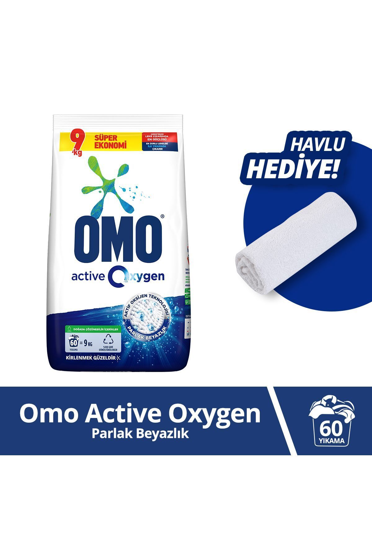 Omo Active Oxygen Toz Çamaşır Deterjanı Beyazlar Için 9 Kg X1 Havlu Hediye