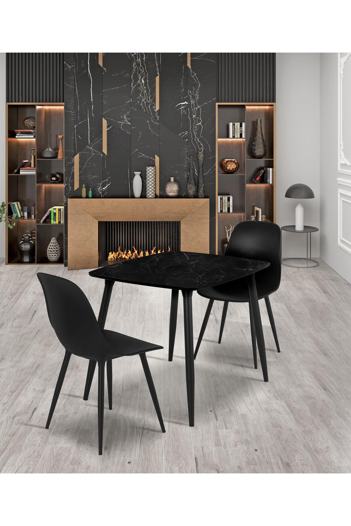 Estelia Yemek Masası Mutfak Masası 70x90 Cm Metal Ayaklı Siyah Masa, 2 Adet Abant Metal Ayaklı Sandalye