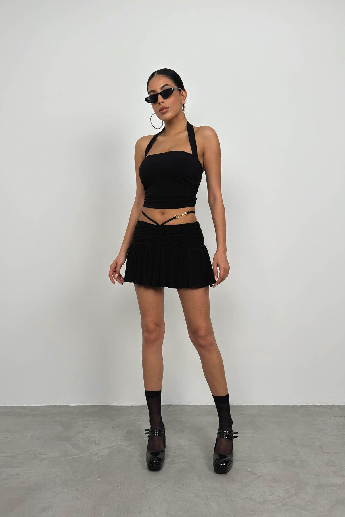 Black Fashion Büzgülü Bel Lastikli Mini Etek