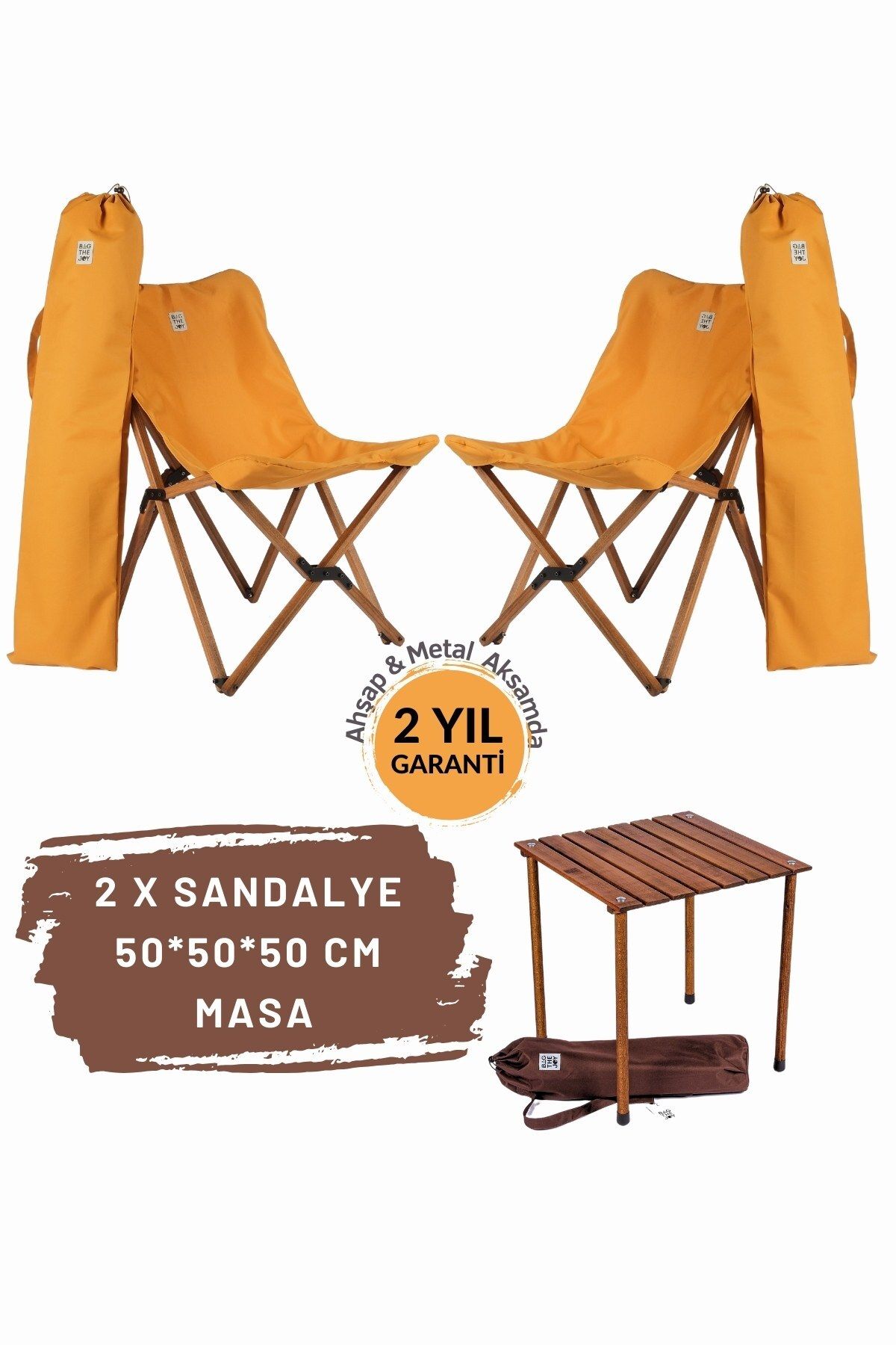 Bag The Joy Ahşap Katlanır Masa Sandalye Seti Kahverengi Iskelet Hardal Kılıf -50x50x50 Kahverengi Masa