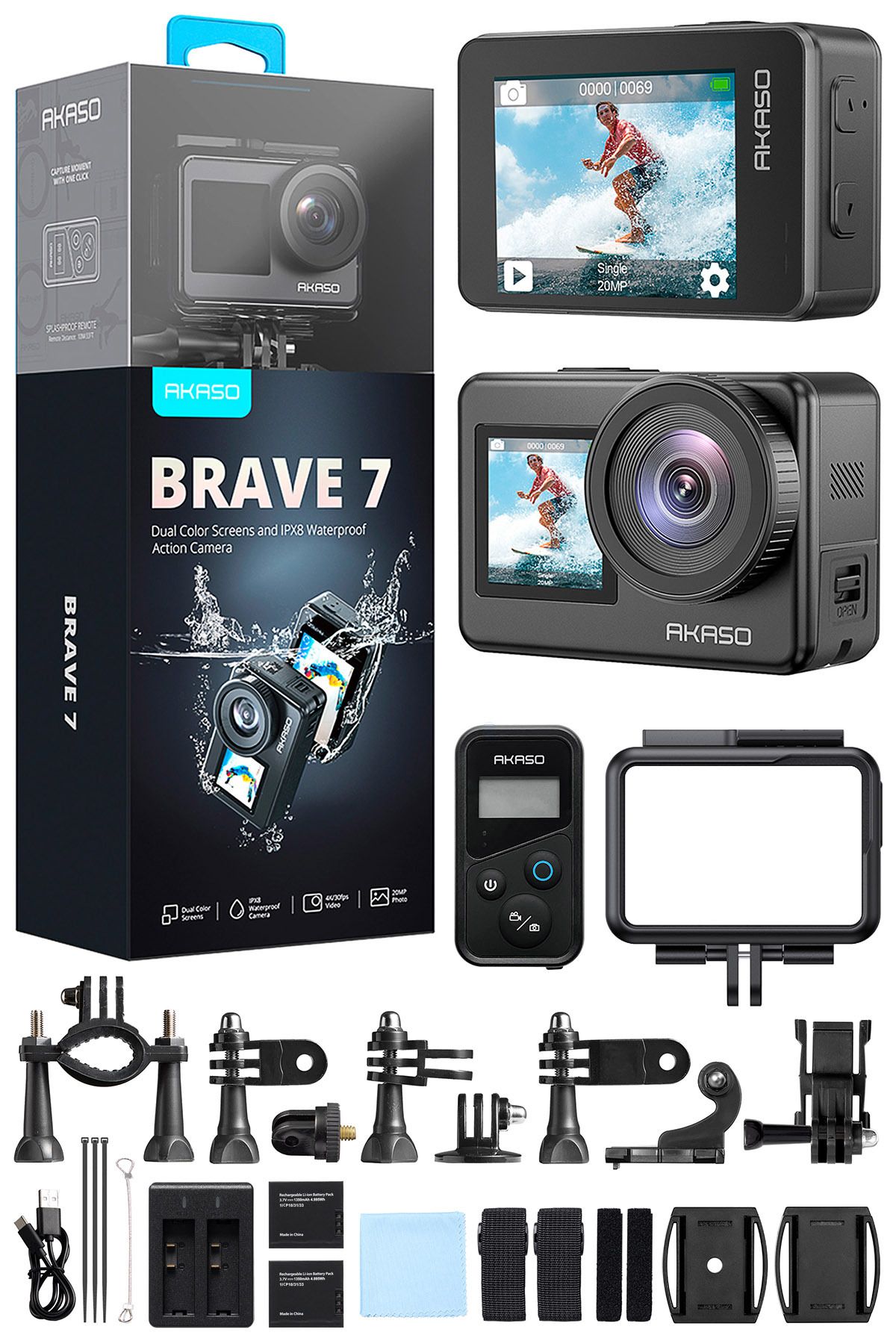 AKASO Brave 7 4k Aksiyon Kamera Ve Süper Aksesuar Seti ( Türkiye 2 Yıl Garantili)