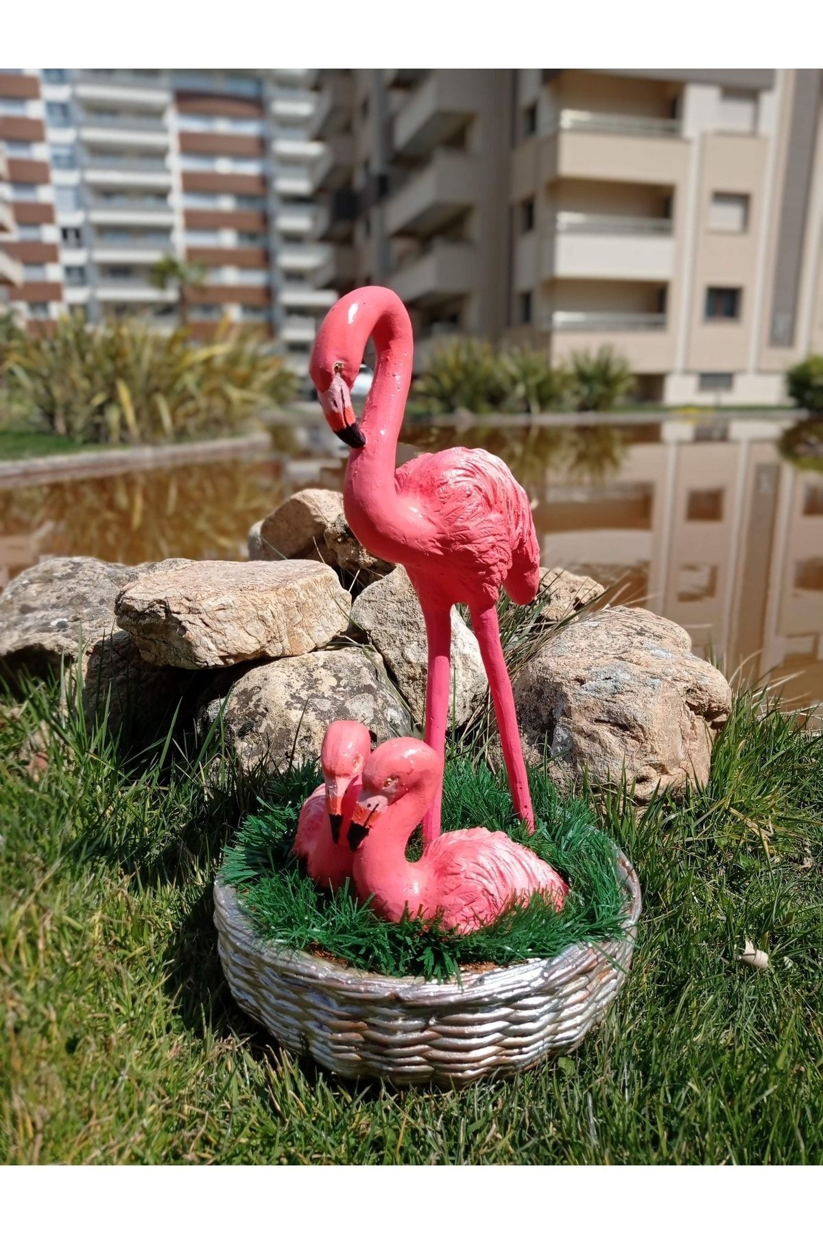 BilgeCe hoMe Flamingo Bahçe Heykeli Anne Ve Yavruları Flamingo Bahçe Heykeli, Alçı Heykel