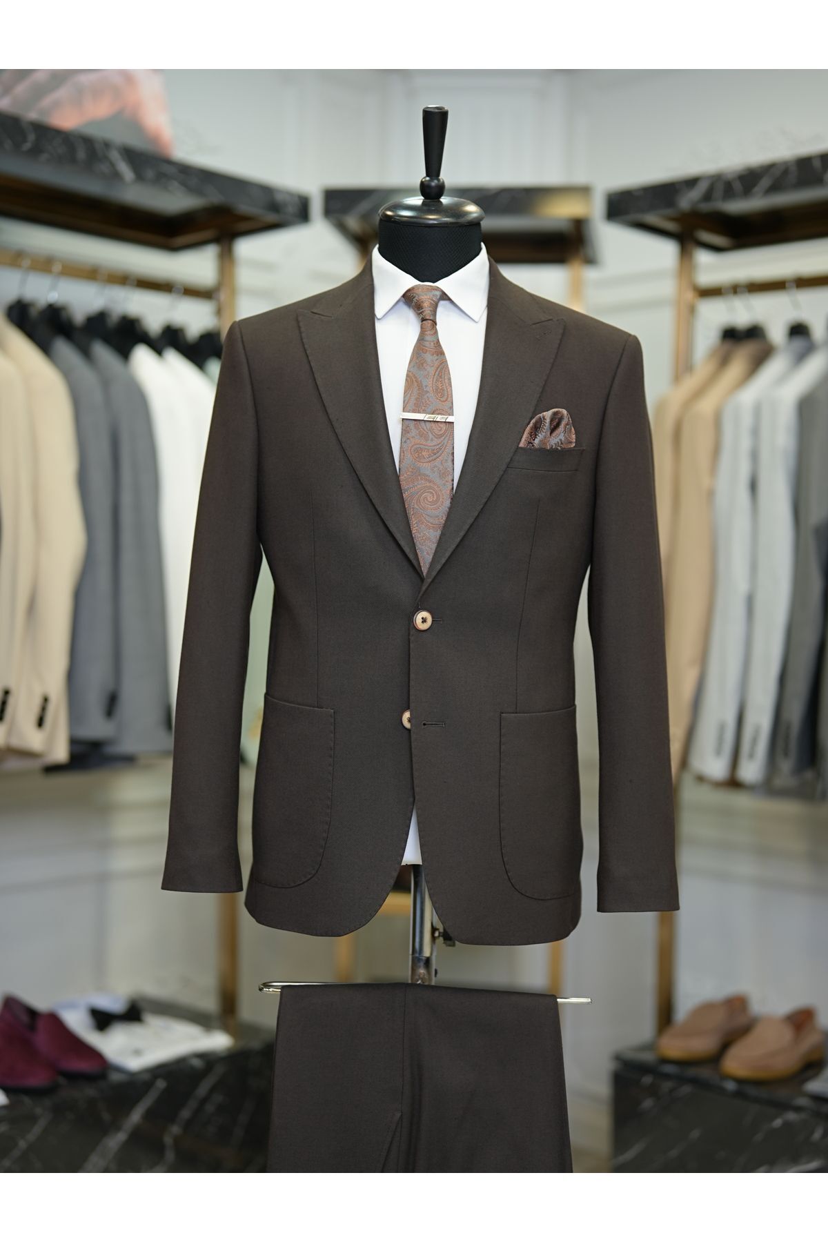 LONATOLİA Luxury Yarım Astarlı Punto Dikişli Torba Cepli Erkek Slim Fit Italyan Stil Takım Elbise ~ Kahve