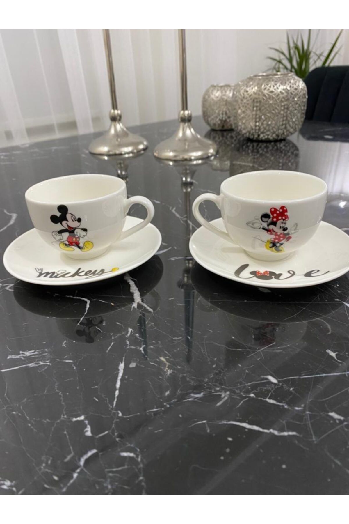 TEBAK COLLECTION 2 Kişilik Minnie Mickey Mouse Desenli Porselen Türk Kahve Fincan