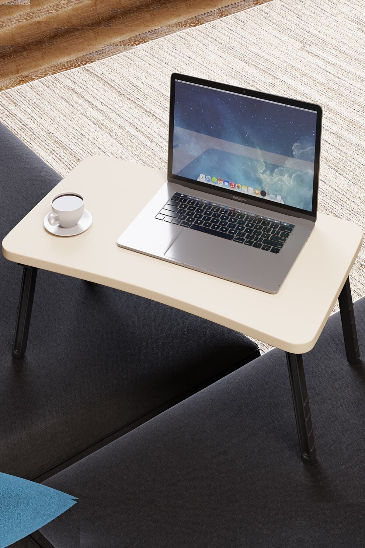 interGO Renkli Laptop Sehpası Katlanabilir Yatak Koltuk Üstü Kahvaltı Bilgisayar Sehpası - Krem