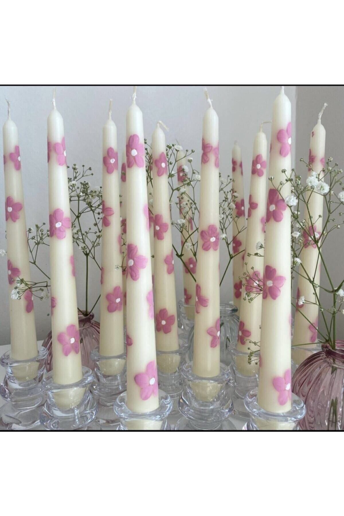YABA Beyaz Pembe Çiçekli Şamdan Mumu El Çizimi %100 Soyawax (VEGAN) Çiçekli Mum