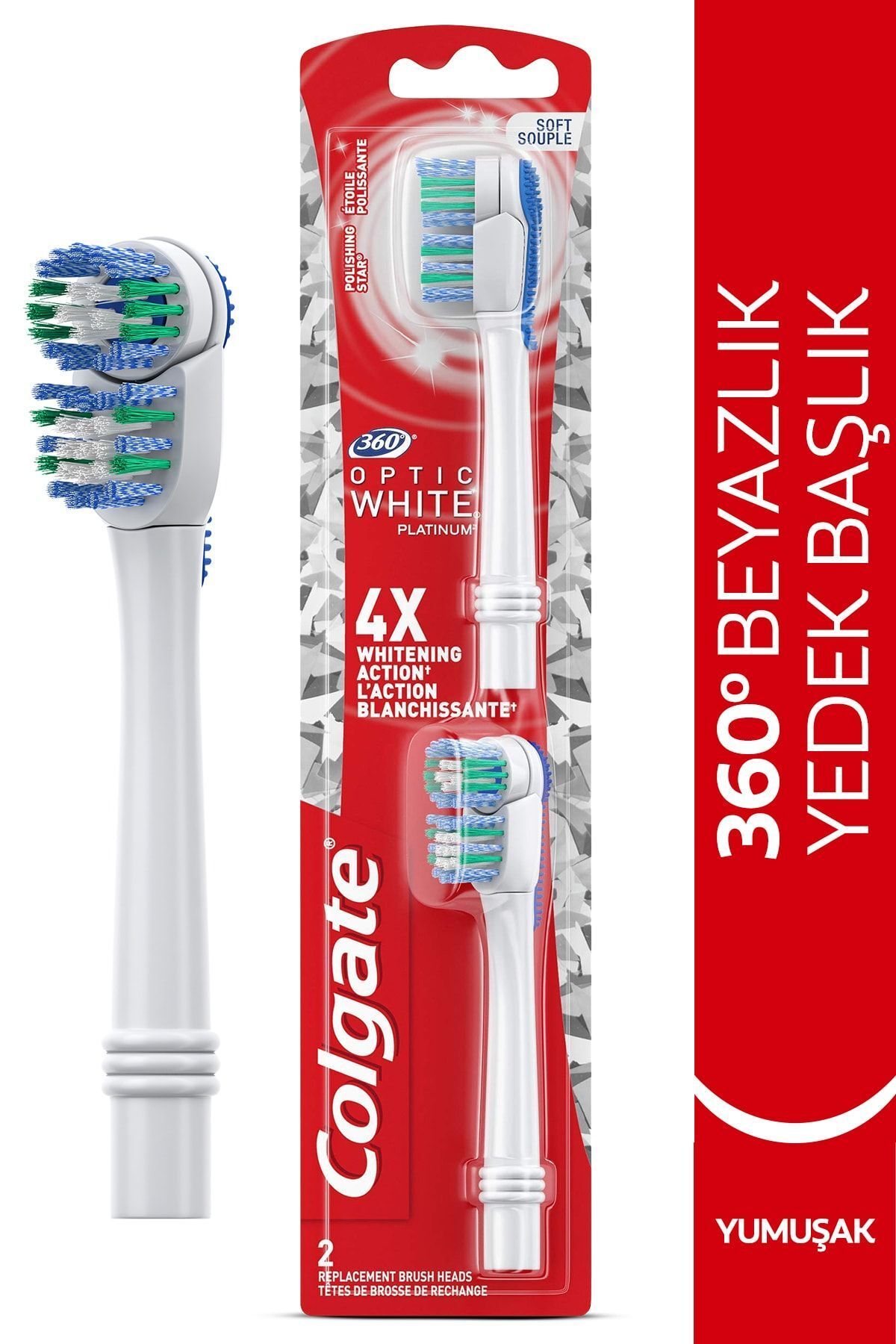 Colgate 360 Pilli Optik Beyaz Platinum Beyazlatıcı Yumuşak Diş Fırçası Yedek Başlık 1+1