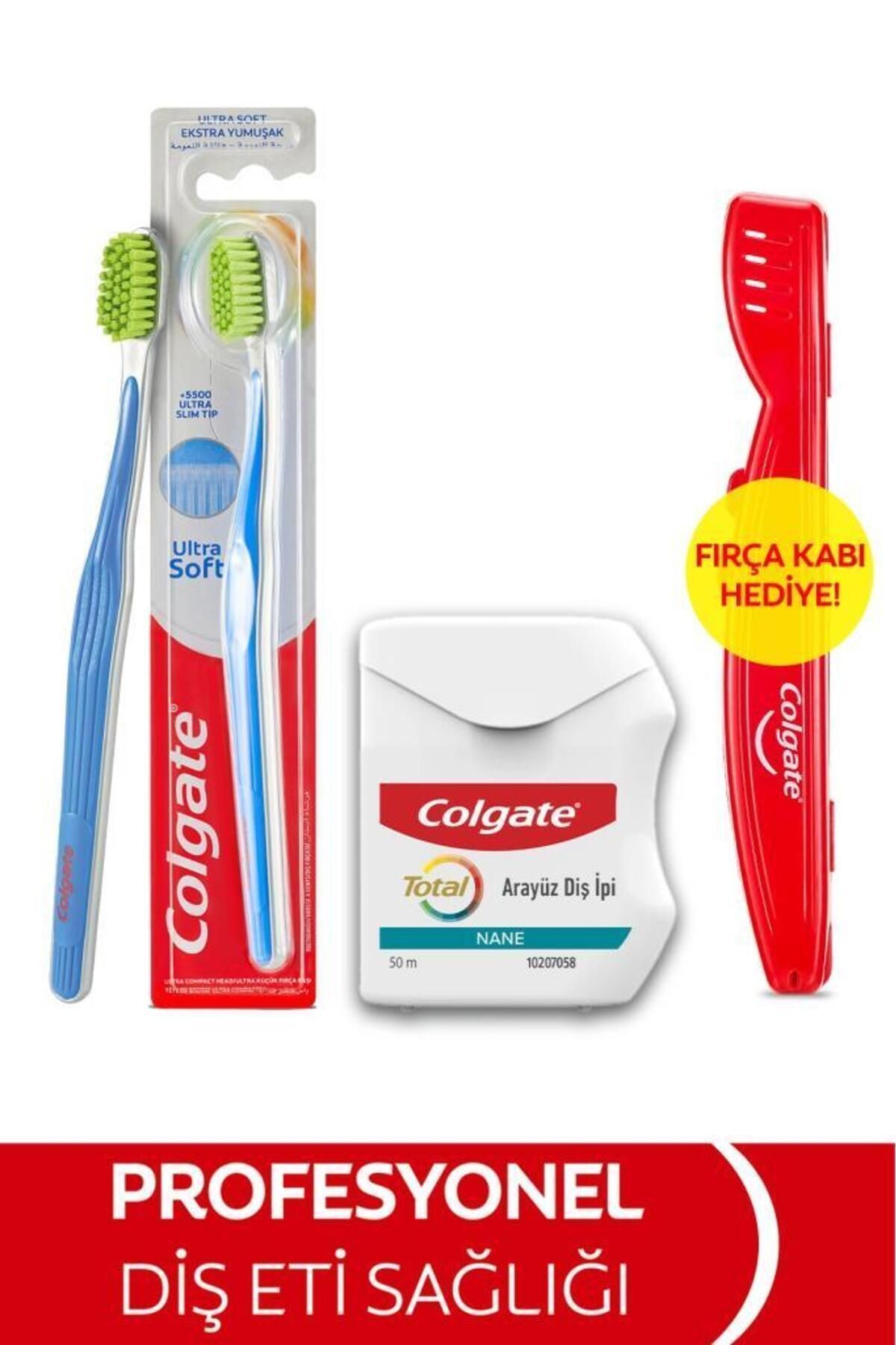 Colgate Ultra Soft Diş Fırçası, Colgate Diş İpi 50 Metre + Fırça Kabı Hediye