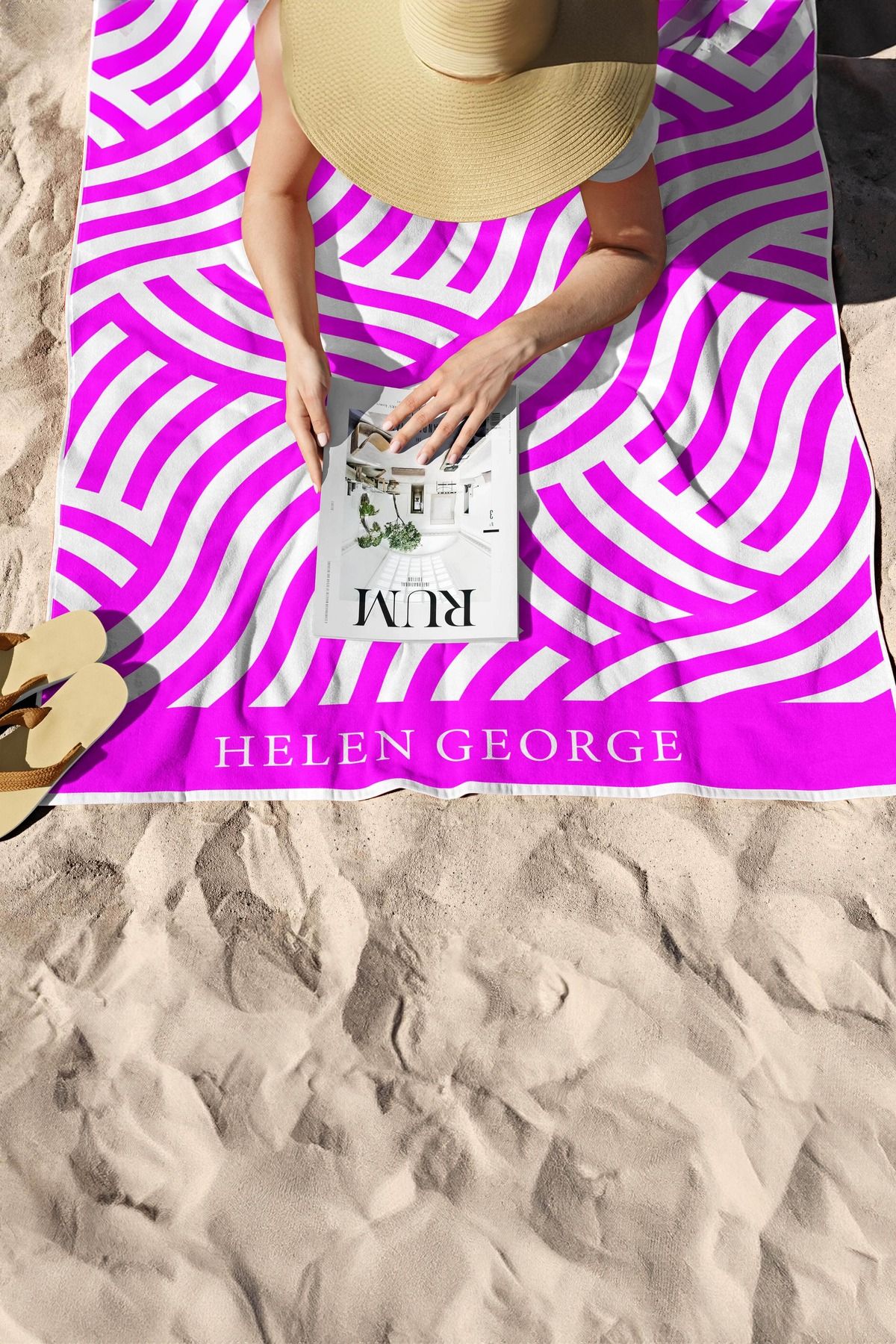 Helen George Neon Pembe Beyaz Geometrik Desenli Oversıze Plaj Havlusu