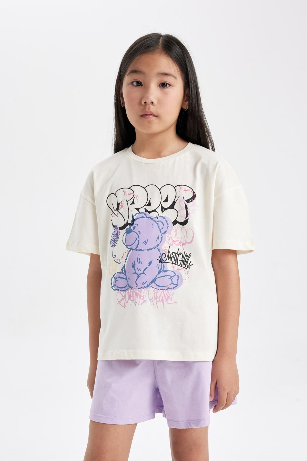 Defacto Kız Çocuk Pijama Takımı Bisiklet Yaka Baskılı Kısa Kollu Üst Şort C3375a824sm