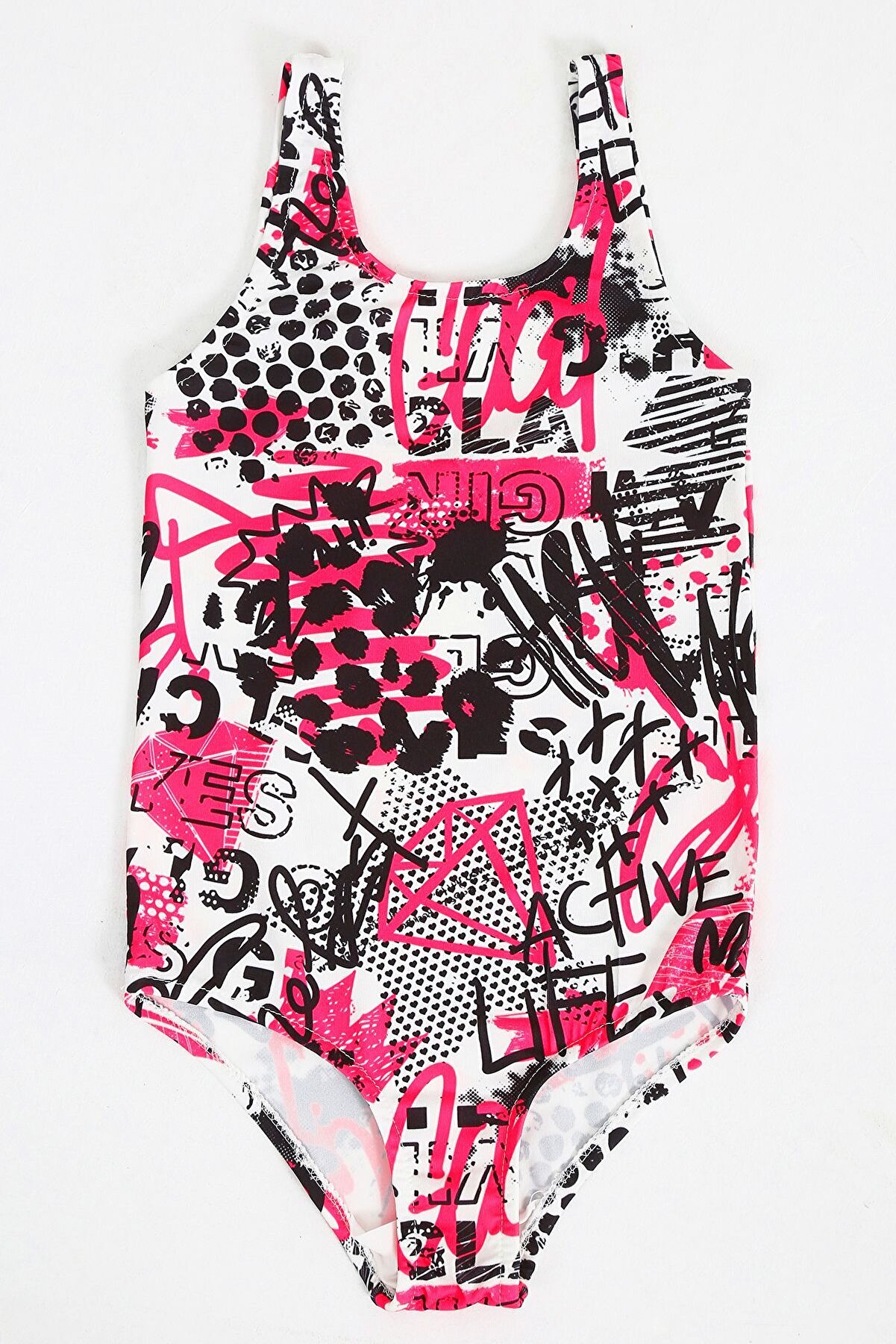 Papiş Kız Çocuk Mayo Pembe Siyah Graffiti Desenli Baskılı Rahat Hızlı ...