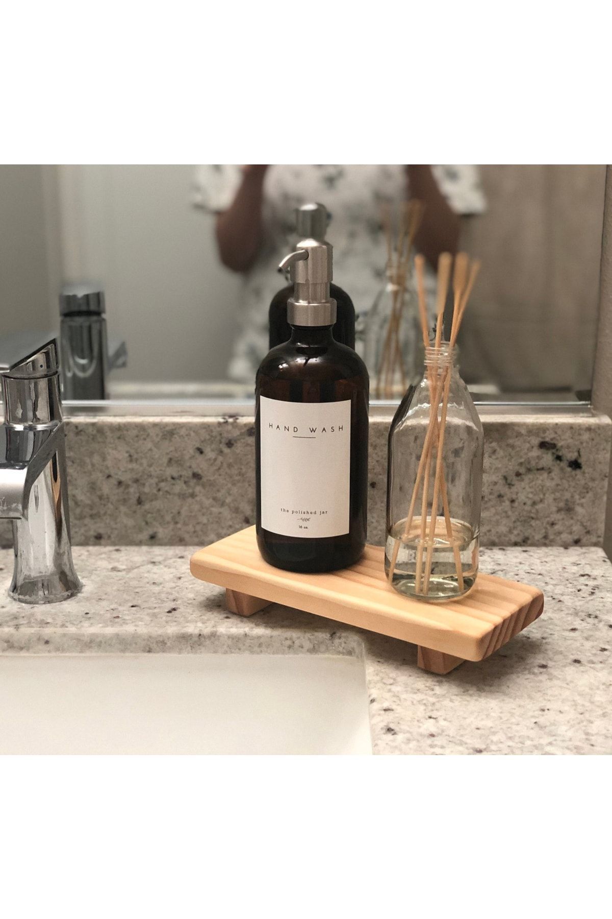 IMKER HOME Banyo Düzenleyici Sıvı Sabunluk Amber Şişe Altlığı Yükseltici Stand Tezgahüstü Organizer