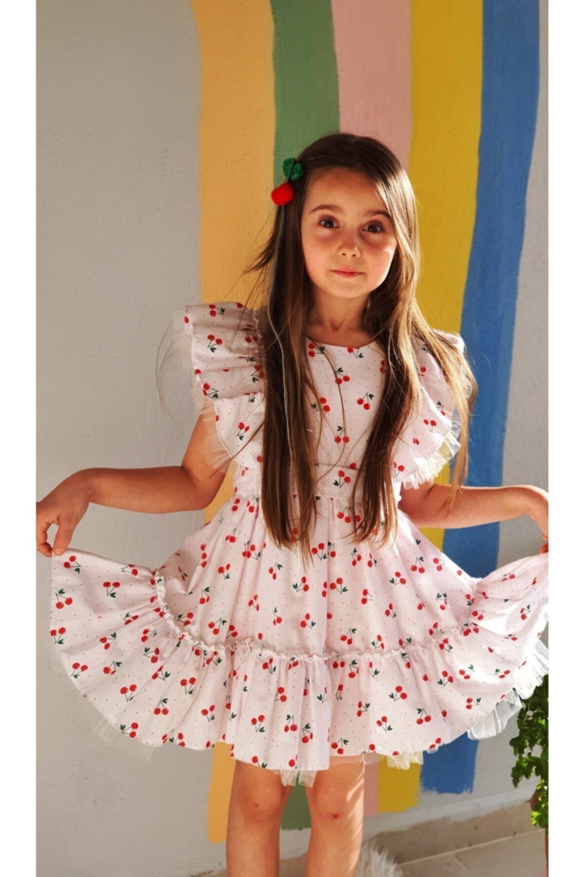 Rengarenk Minikler Kiraz Desenli Tül Detayli Kız Cocuk Elbisesi Ve Kiraz Tokaları (6-7-8YAŞ)
