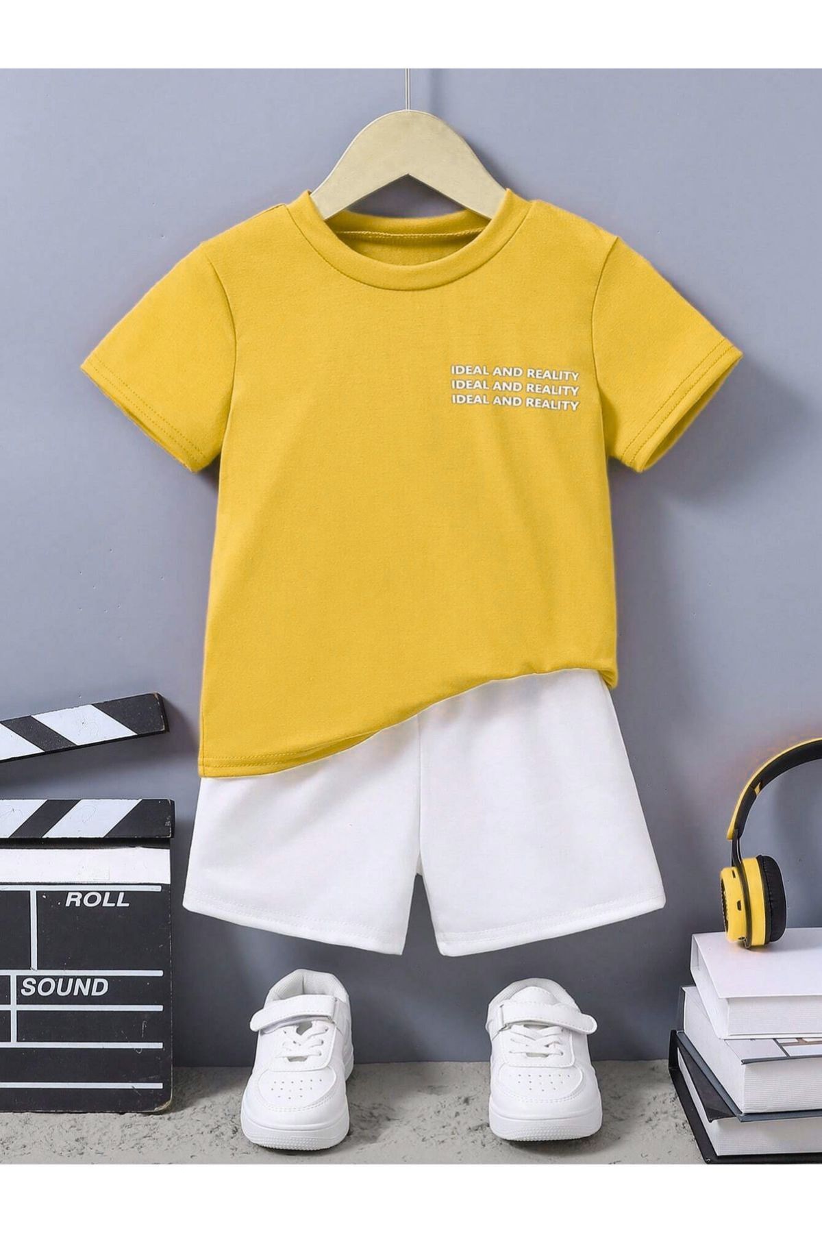 CLAYES Ideal Baskılı Pamuklu Çocuk Takım Sarı T-shirt Beyaz Şort - Kız Erkek Çocuk Yazlık Bisiklet Yaka