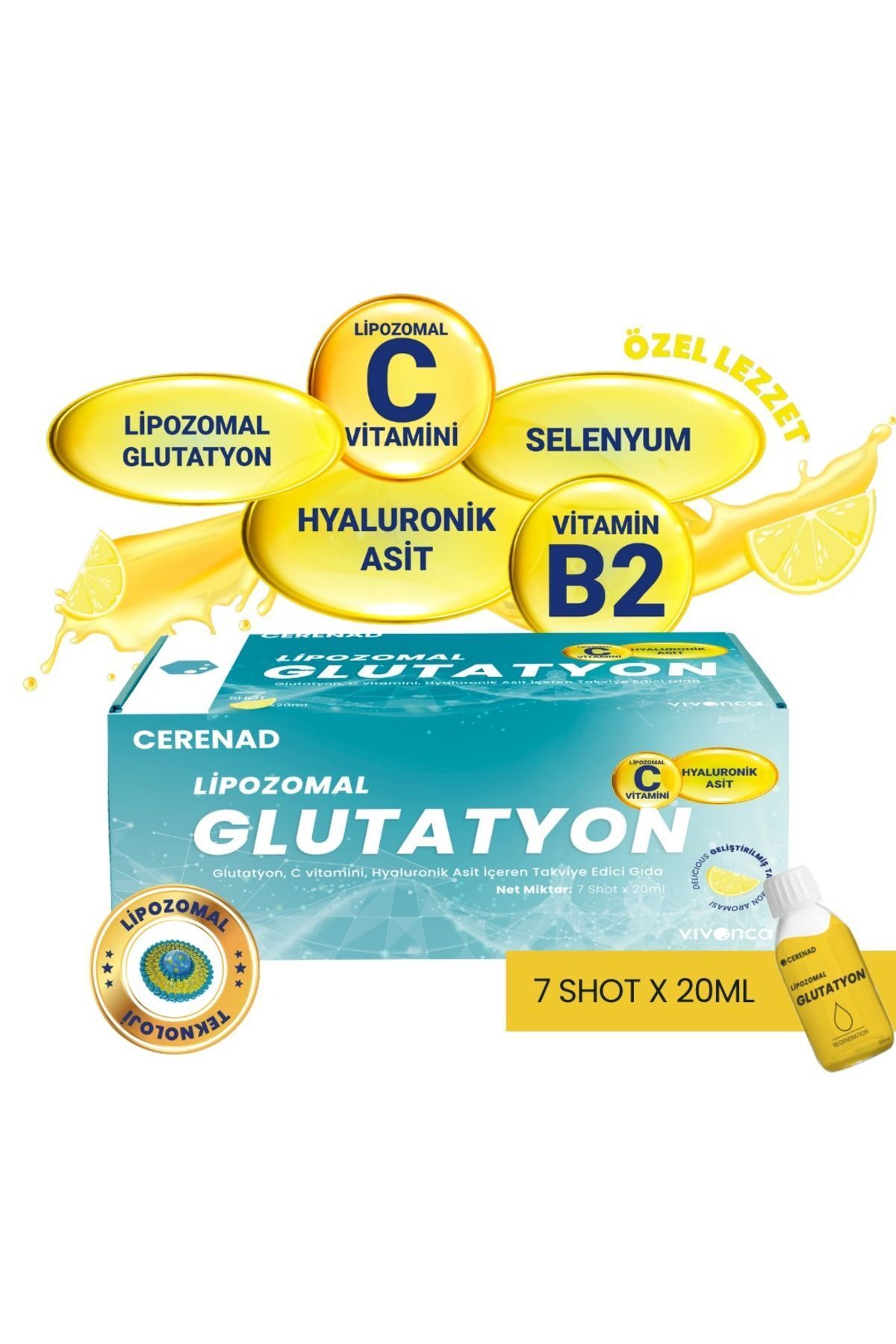 Cerenad Glutatyon, Lipozomal Glutatyon, Lipozomal C Vitamini, Hyaluronik Asit 20ml X 7 Shot Içilebilir