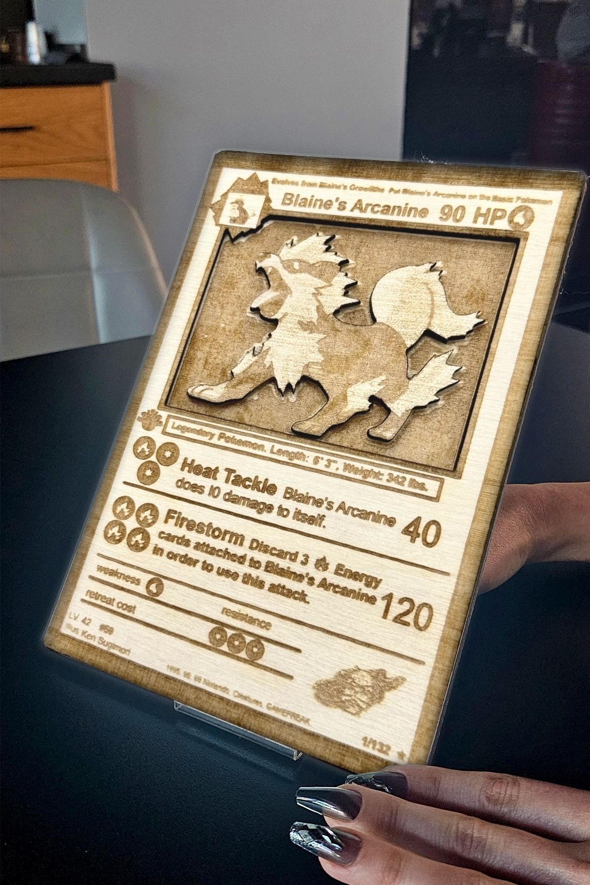Lopard Pokemon Kart Arcanie Ahşap 3d Tablo, Çocuk Odası Duvar & Masa Aksesuarı, Pokedex Kartları 19x26cm