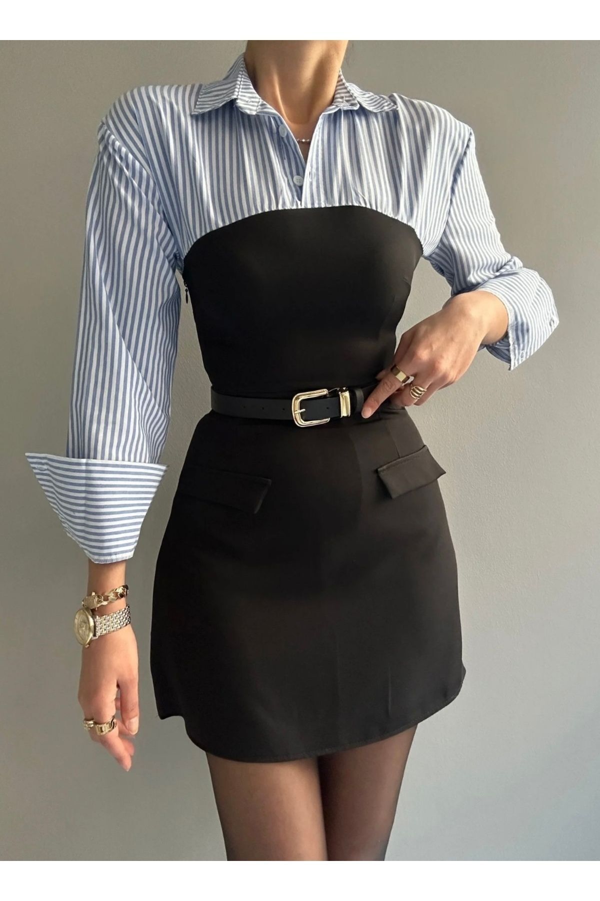 GM Butikk Kadın Siyah Gömlek Detaylı Tasarım Mini Elbise