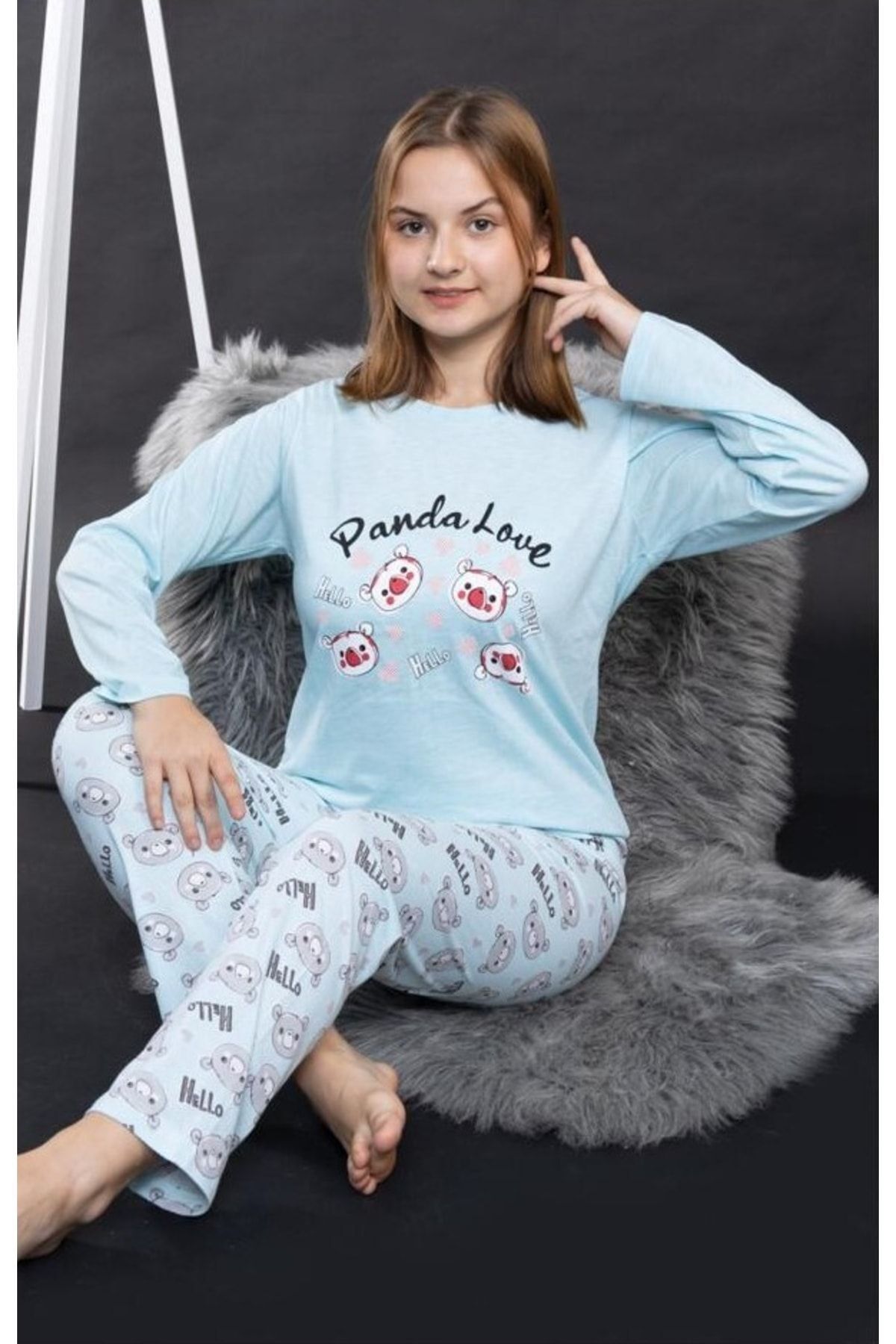 Pyjama Familya Genç Kız Uzun Kollu Panda Figürlü Mevsimlik Pijama