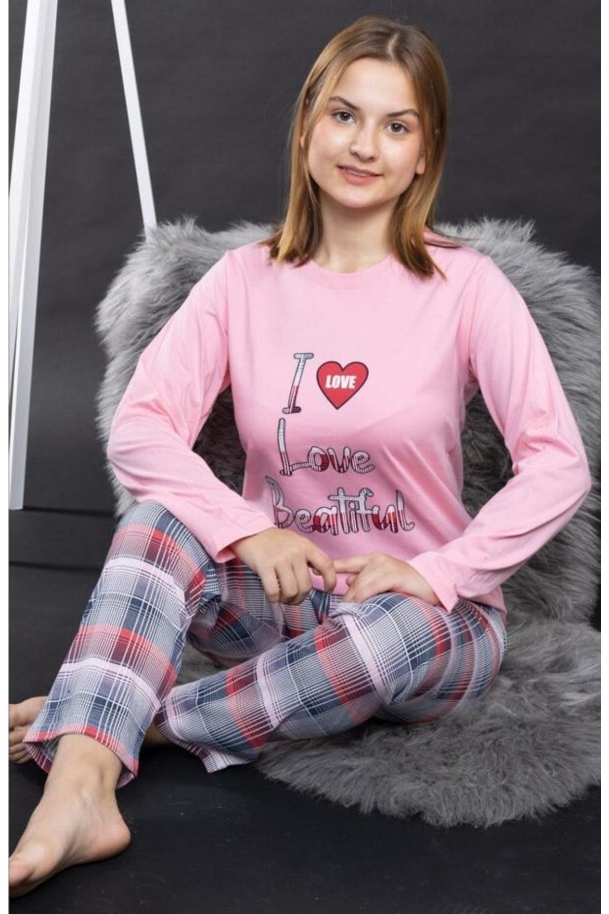 Pyjama Familya Genç Kız Uzun Kollu Kalp Figürlü Mevsimlik Pijama