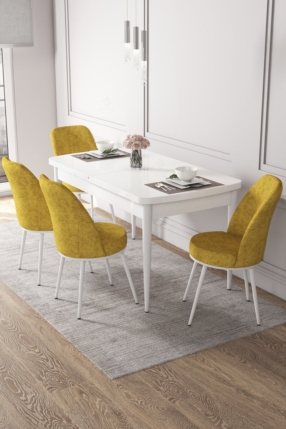 Canisa Concept Via Serisi, 80x132 Barok Ahşap Desenli Mutfak Masası Takımı Ve 8 Adet Lacivert Sandalye