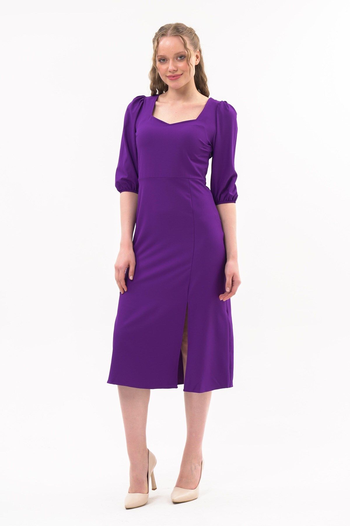 apsen Kadın Yırtmaç Detaylı Beşgen Yaka Midi Krep Elbise 4444/120