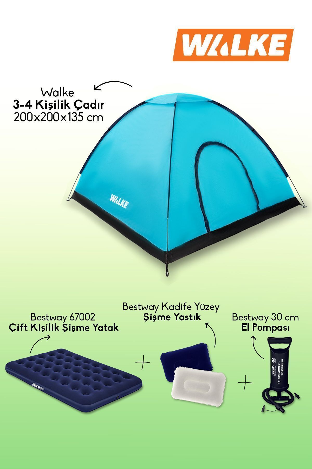 Walke 4 kişilik Kamp Çadırı + Bestway Çift Kişilik Yatak + 2 Yastık + 1 Pompa