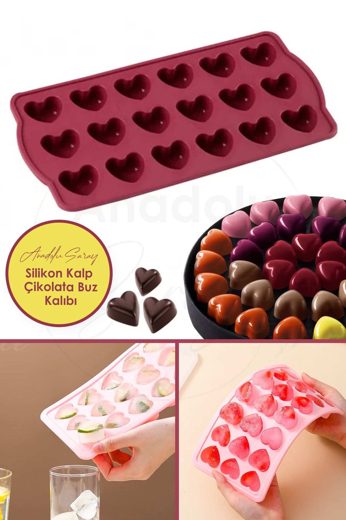 Anadolu Saray Silikon 18'li Kalp Şeklinde Buz Jelibon Çikolata Kalıbı | 18'li Kalp Jelibon Çikolata Buz Kalıbı