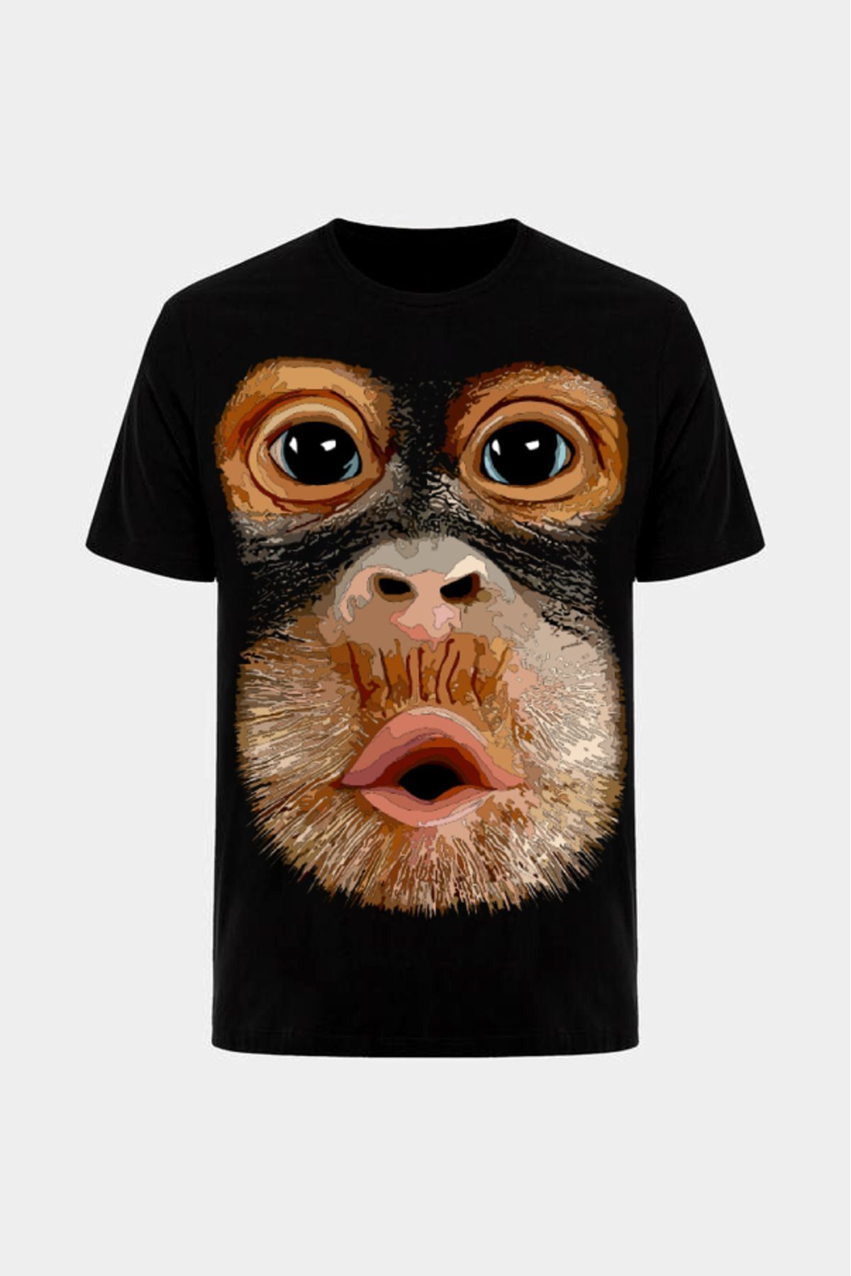 The Baski Maymun Komik Tasarım Baskılı %100 Pamuk Premium Siyah Tişört