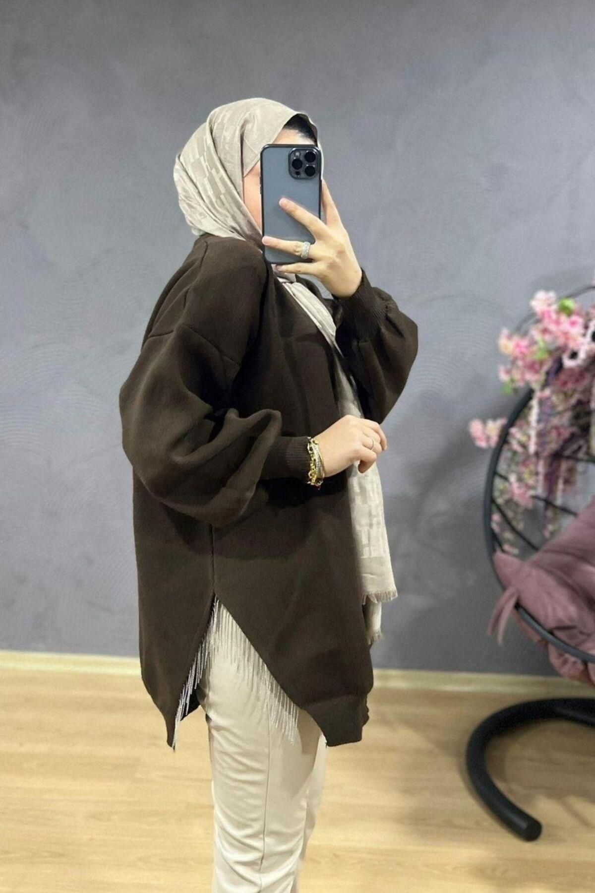Şule Giyim Yarı Zincirli Triko Kazak Kahverengi