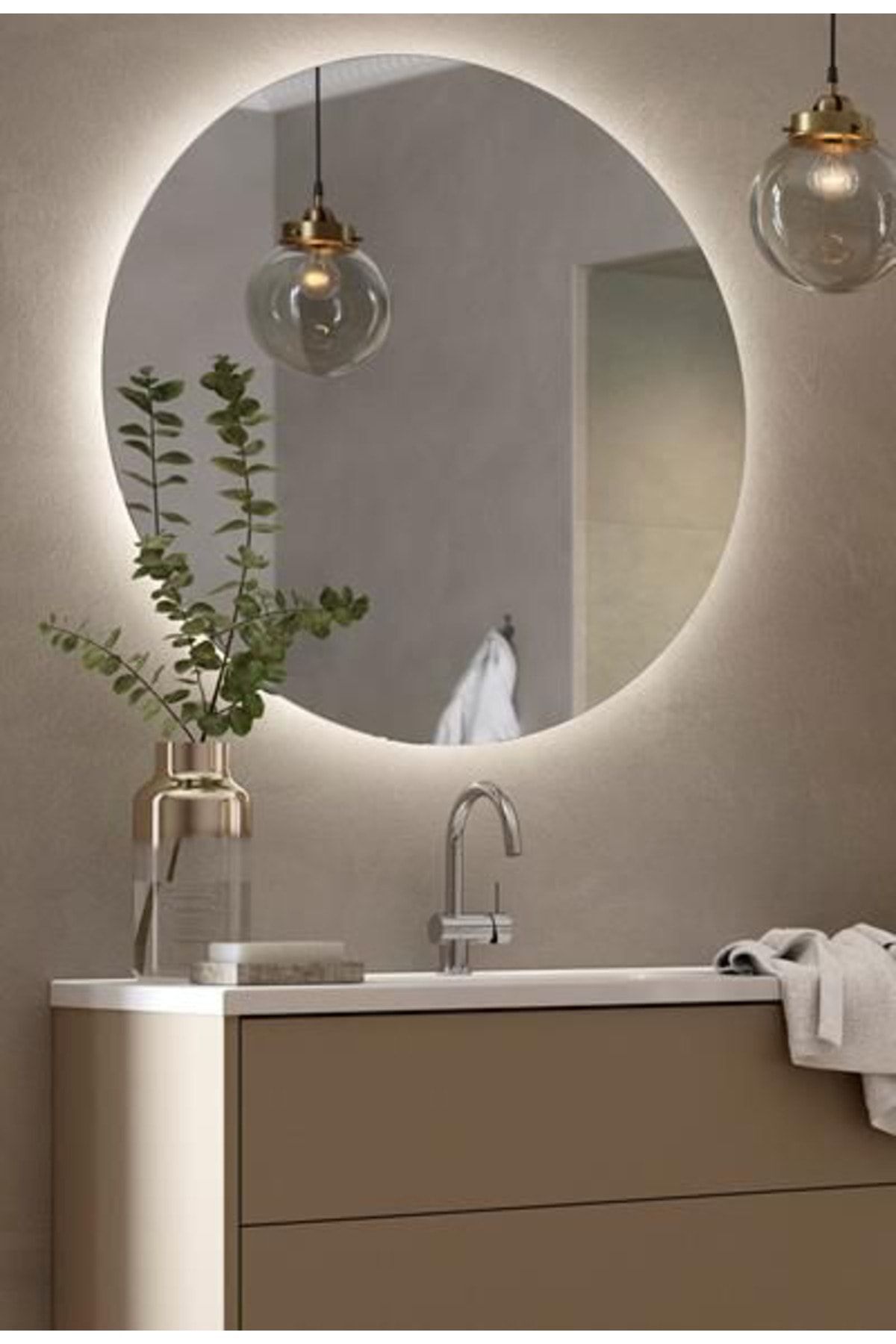 Narkissos Dizayn 80 Cm Beyaz Ledli Yuvarlak Banyo Aynası/ Makyaj Aynası/ Trafolu
