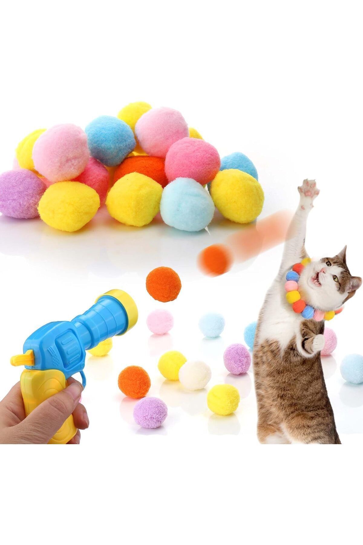 busstier İnteraktif Kedi Oyun Tabancası - Peluş Toplarla Eğlenceli Oyun Zamanı + Ekstra Peluş Toplar