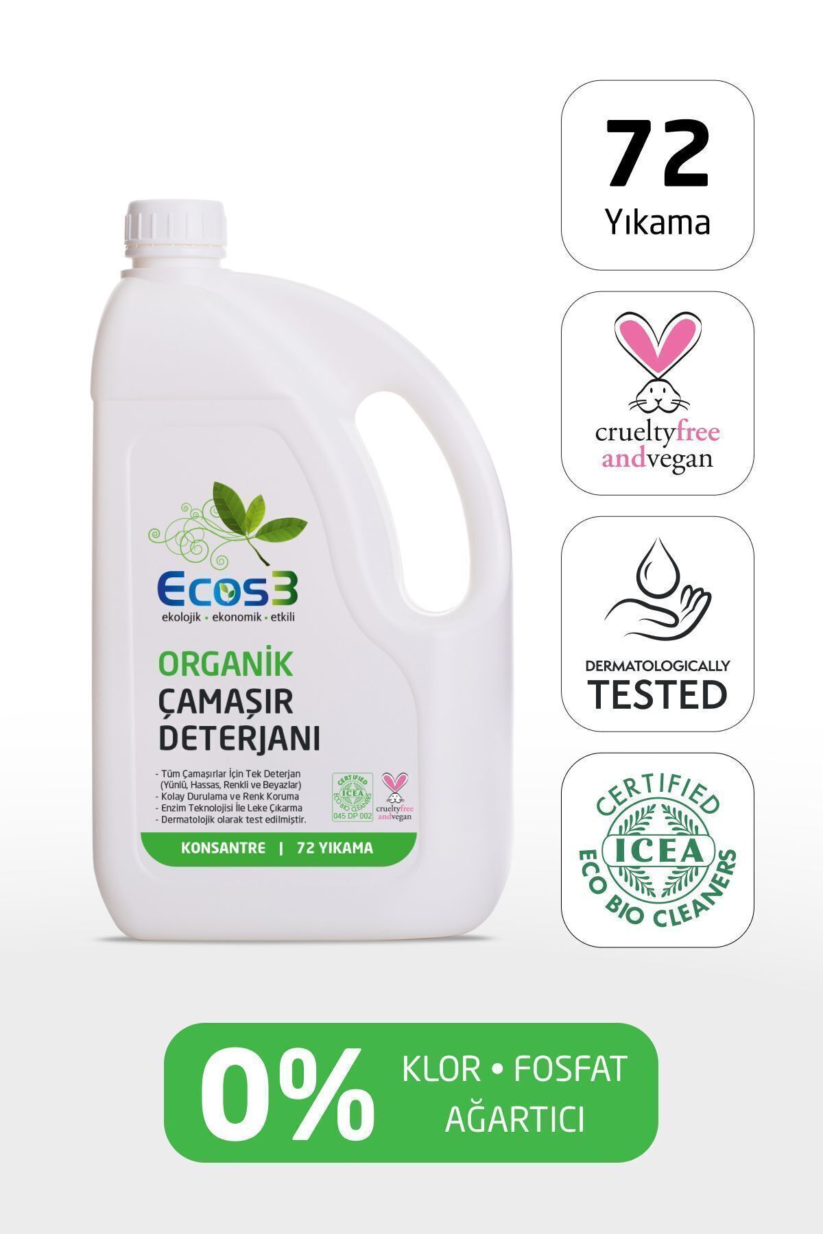 Ecos3 Sıvı Çamaşır Deterjanı, Organik & Vegan Sertifikalı, Ekolojik, Extra Konsantre, 72 Yıkama, 2.5 Lt