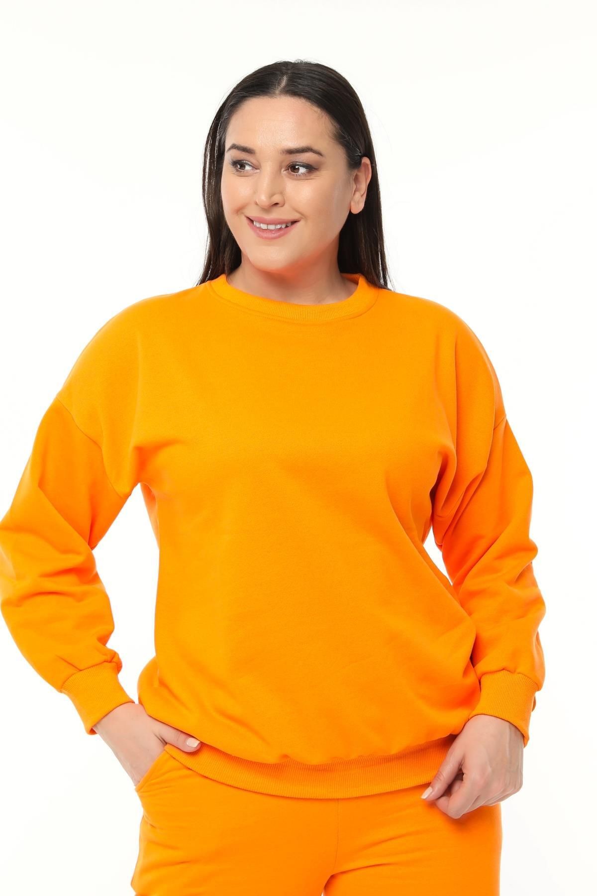 Ebsumu Kadın Büyük Beden Basıc Şardonlu Turuncu Sweatshirt