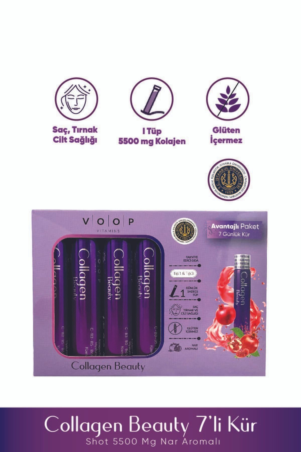 VOOP Collagen Beauty Nar Aromalı Shot Tip 1, Tip 3 | 5500 Mg - 40 ml 7 Tüp