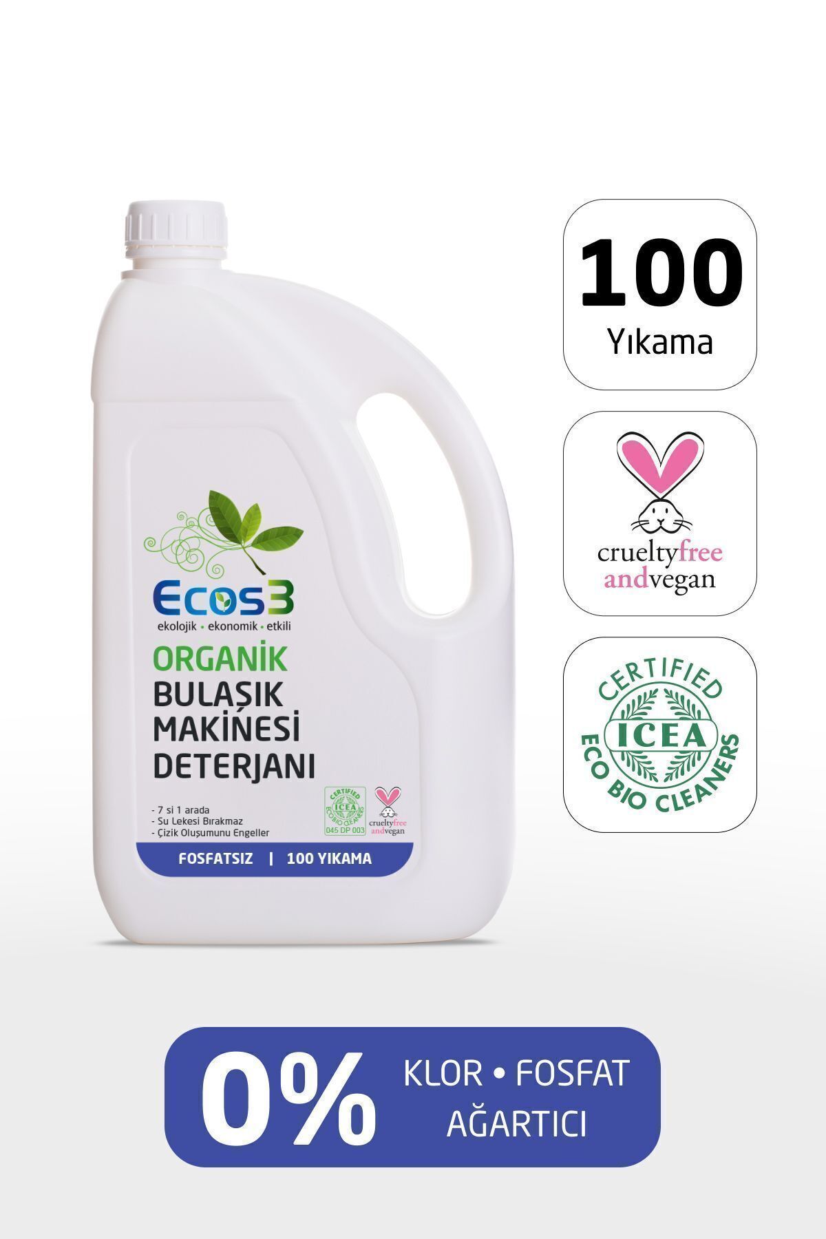Ecos3 Bulaşık Makinesi Deterjanı, Organik & Vegan Sertifikalı, Ekolojik, 7’si Bir Arada 100 Yıkama, 2500ml