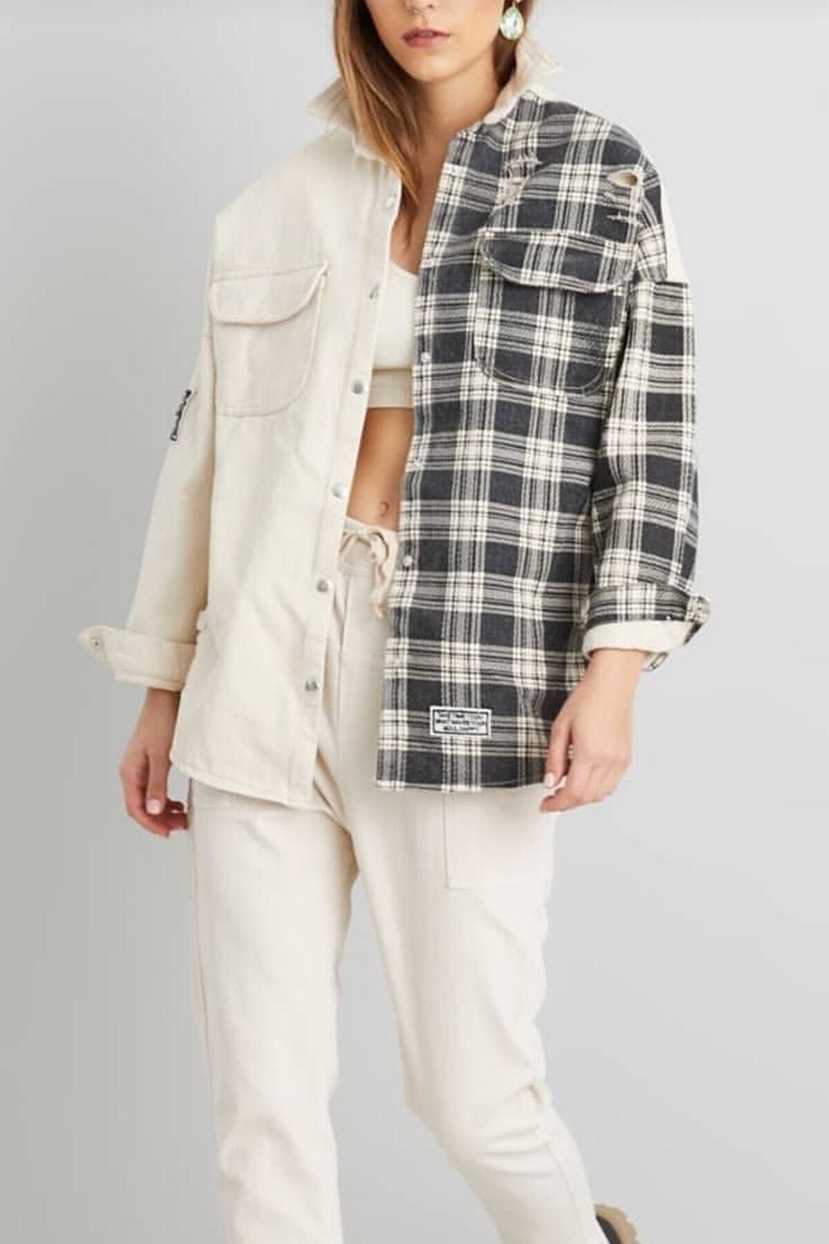 Paye Butik Kadın Boyfriend Oversize Eskitmeli Denim Jeans Kot Ceket Krem-ekose