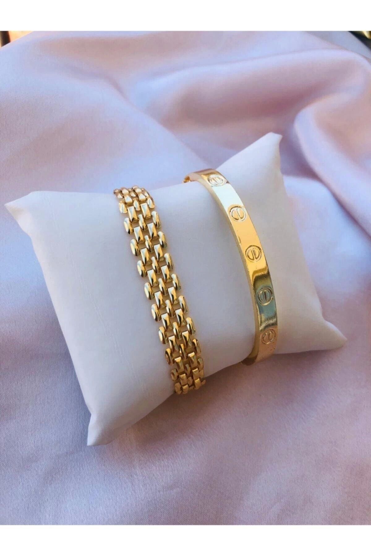 BERS AKSESUAR Kadın Gold Renk Altın Kaplama Saat Yanı Kombin Bileklik Seti