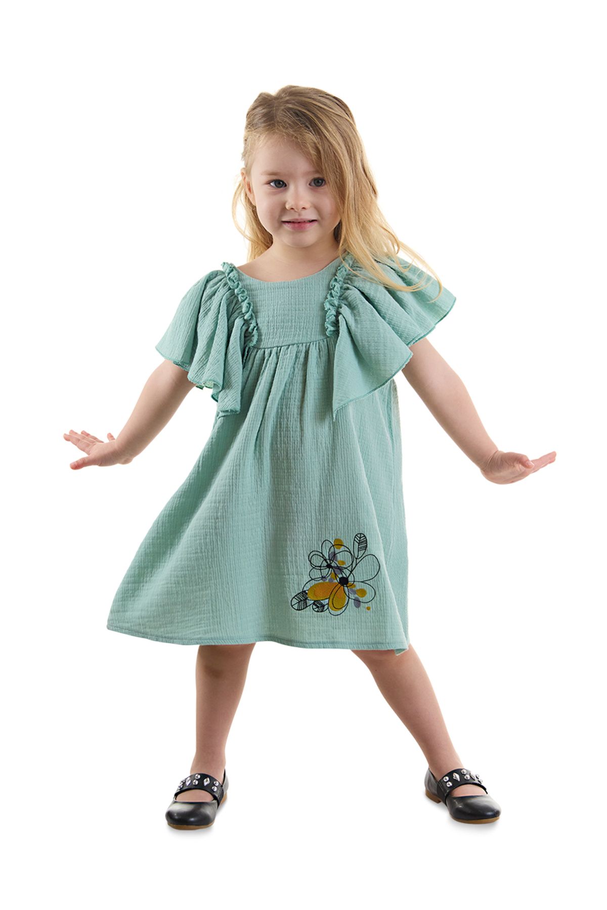 Denokids Çiçekli Kız Bebek Çocuk Yeşil Müslin Fırfırlı Yazlık Elbise
