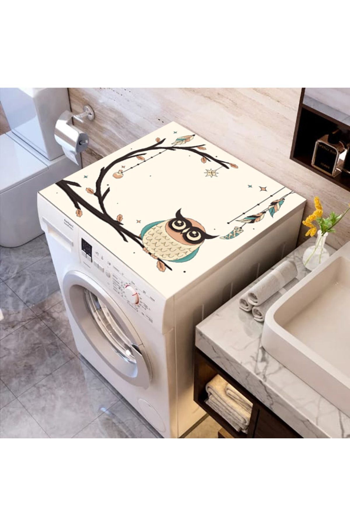 ALAMODECOR Baykuş Desenli 60cm X 100cm Çamaşır Makine Örtüsü | Banyo Düzenleyici