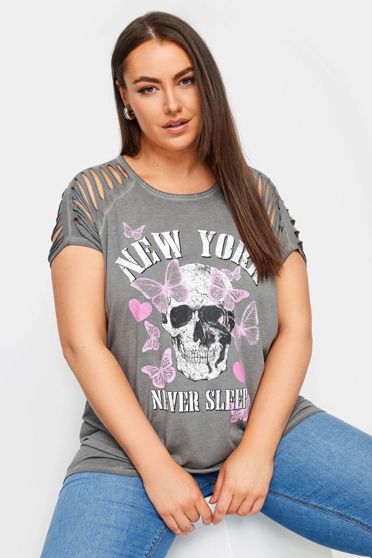 Stil Diva Büyük Beden Bisiklet Yaka Kol ve Omuz Detaylı Baskılı T-shirt 303138