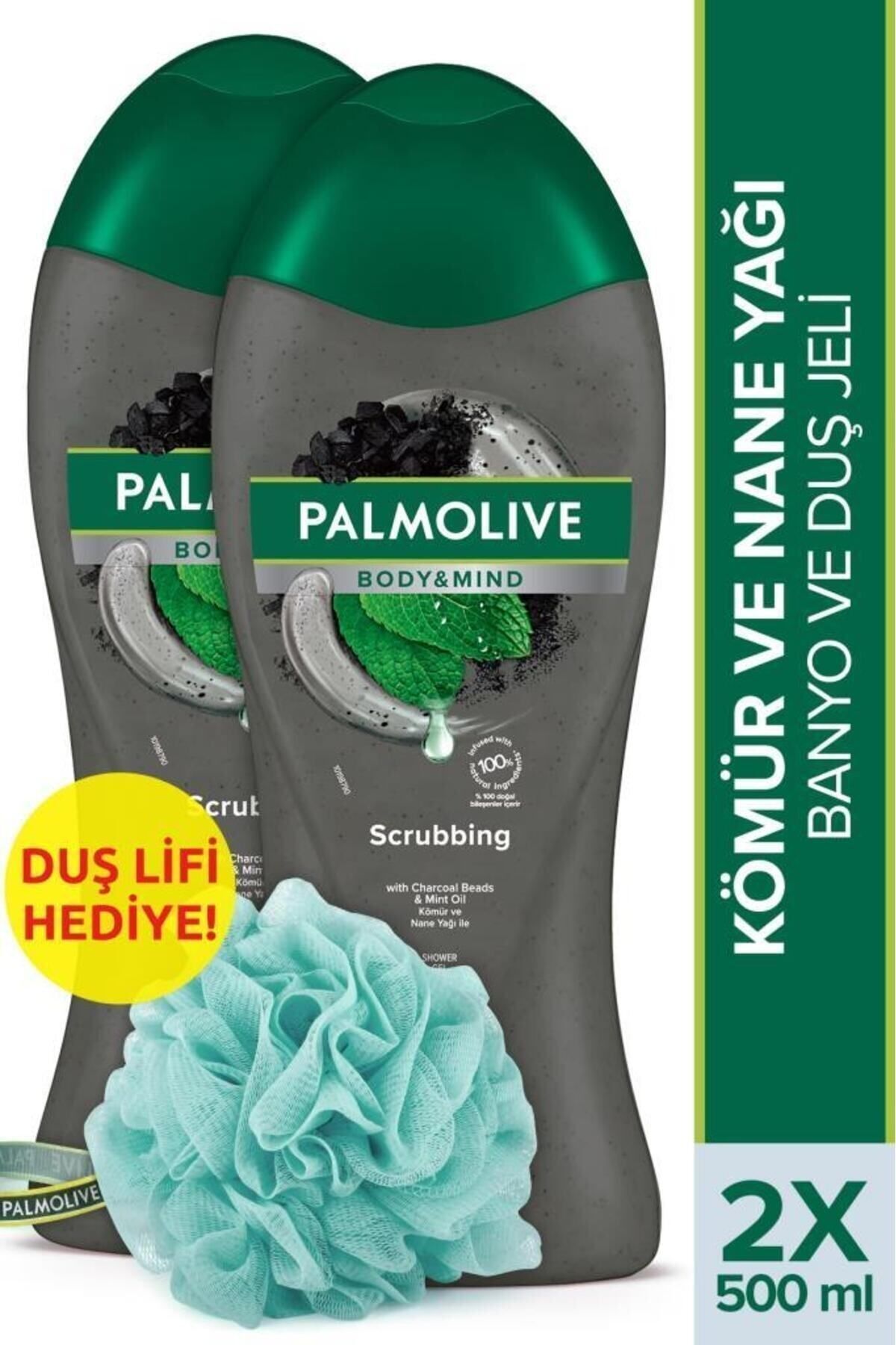 Palmolive  Body & Mind Kömür Ve Nane Yağı Banyo Ve Duş Jeli 500 ml x 2 Adet + Duş Lifi Hediye