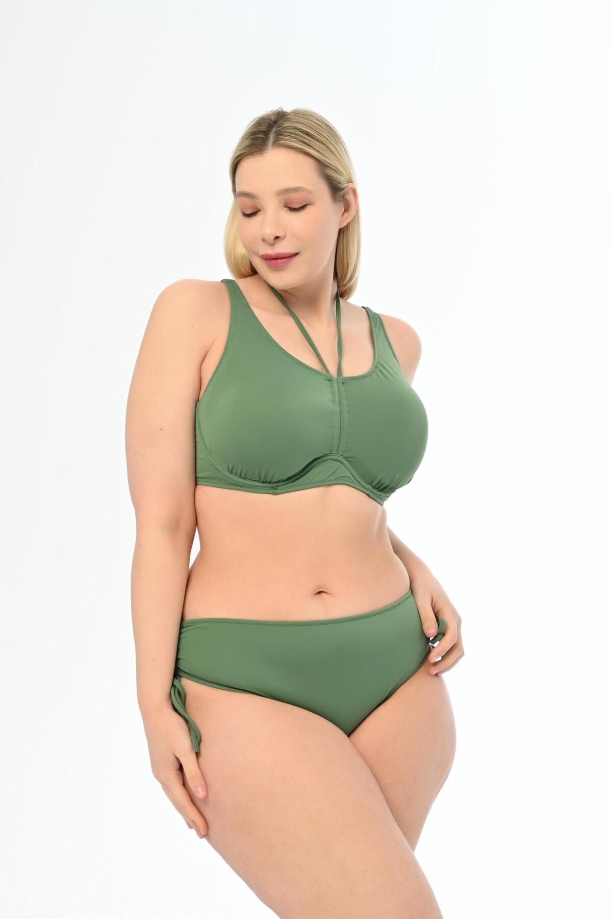 AQUAVİVA Aquaviva Kadın Haki Yeşil Büyük Beden Azura Toparlayıcı Sürgülü Bikini Takımı