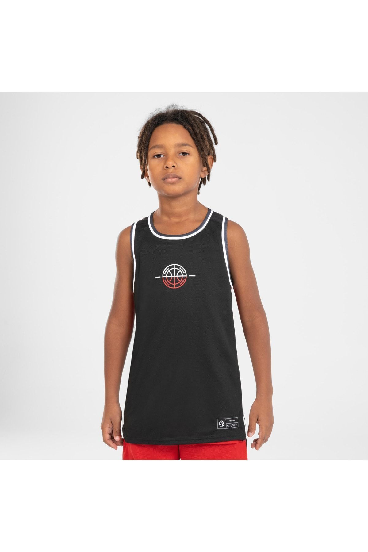 Decathlon Tarmak Çocuk Çift Taraflı Kolsuz Basketbol Forması  Siyah Kırmızı T500r