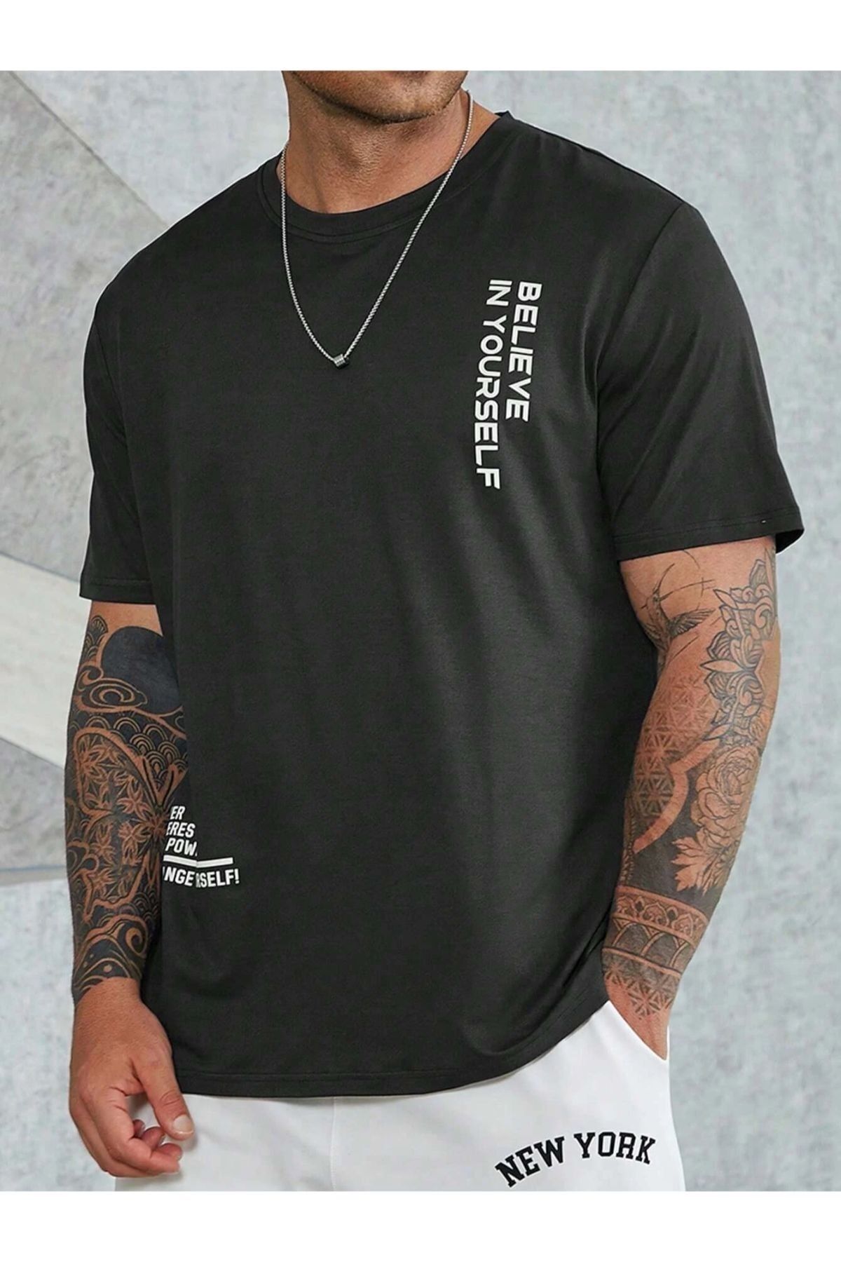 Altamira Erkek Siyah Believe Baskılı Oversize T-shirt
