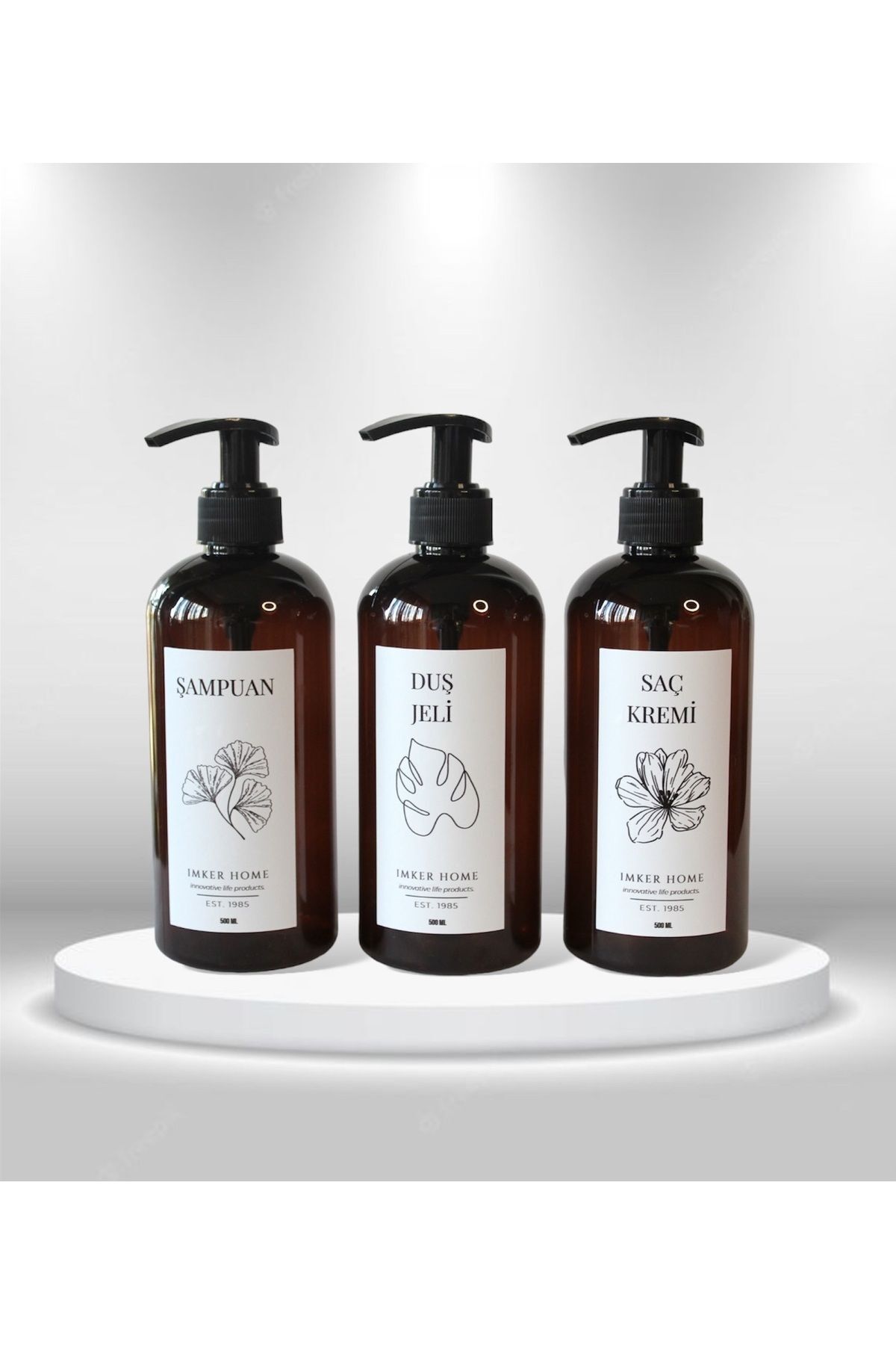 IMKER HOME Amber Kahverengi Pompalı Şampuanlık Duş Jeli Saç Kremi Şişesi 500Ml Banyo Mutfak Tezgah Düzenleyici