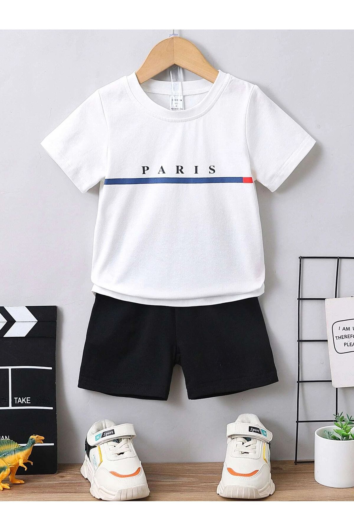 CLAYES Paris Baskılı Pamuklu Çocuk Siyah Şort Beyaz T-shirt Takım - Kız Erkek Çocuk Yazlık Bisiklet Yaka