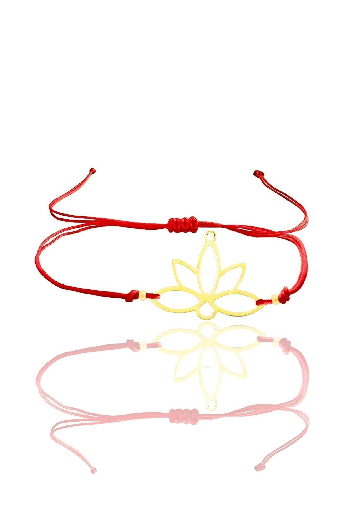 Söğütlü Silver Gümüş Altın Yaldızlı Lotus Yaşam Çiçeği Kırmızı Ipli Bileklik