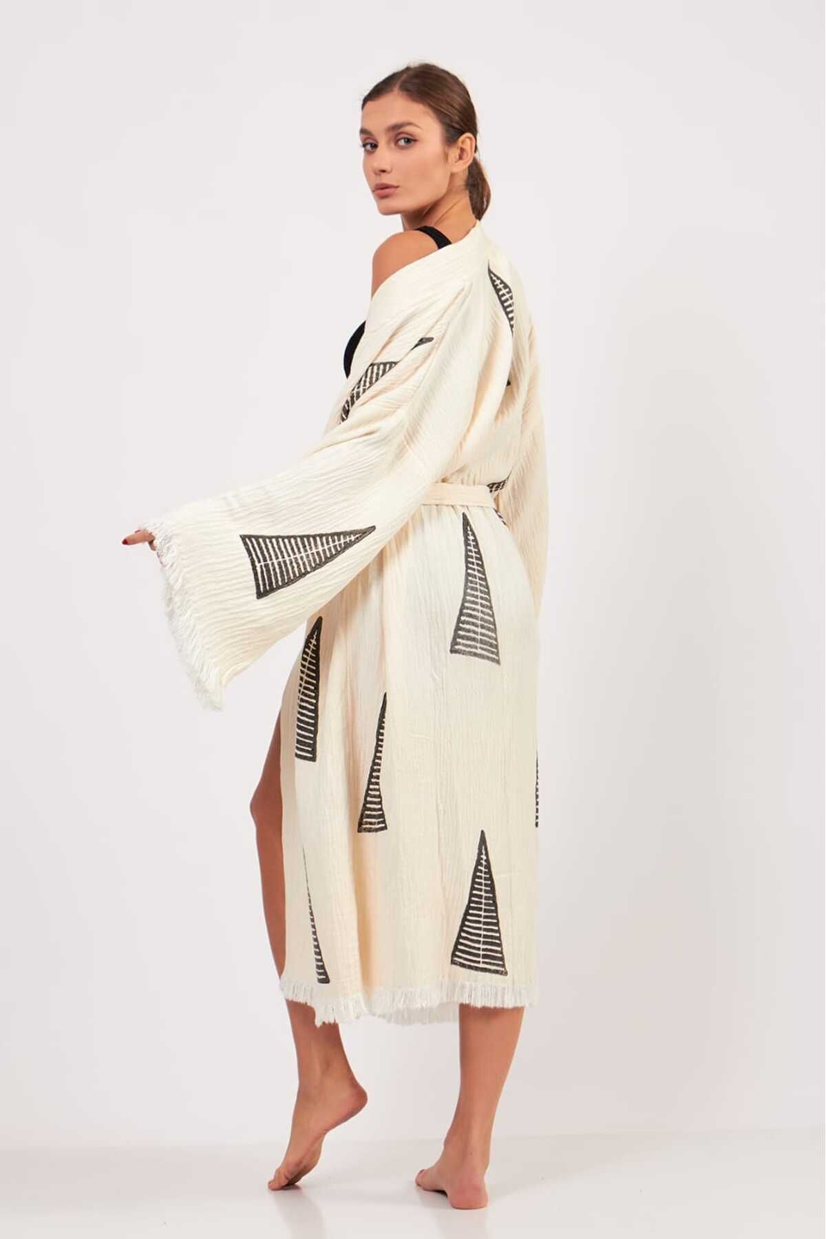 Befera Design Müslin Kimono %100 Pamuklu Piramit Desenli Bornoz Kaftan Sabahlık