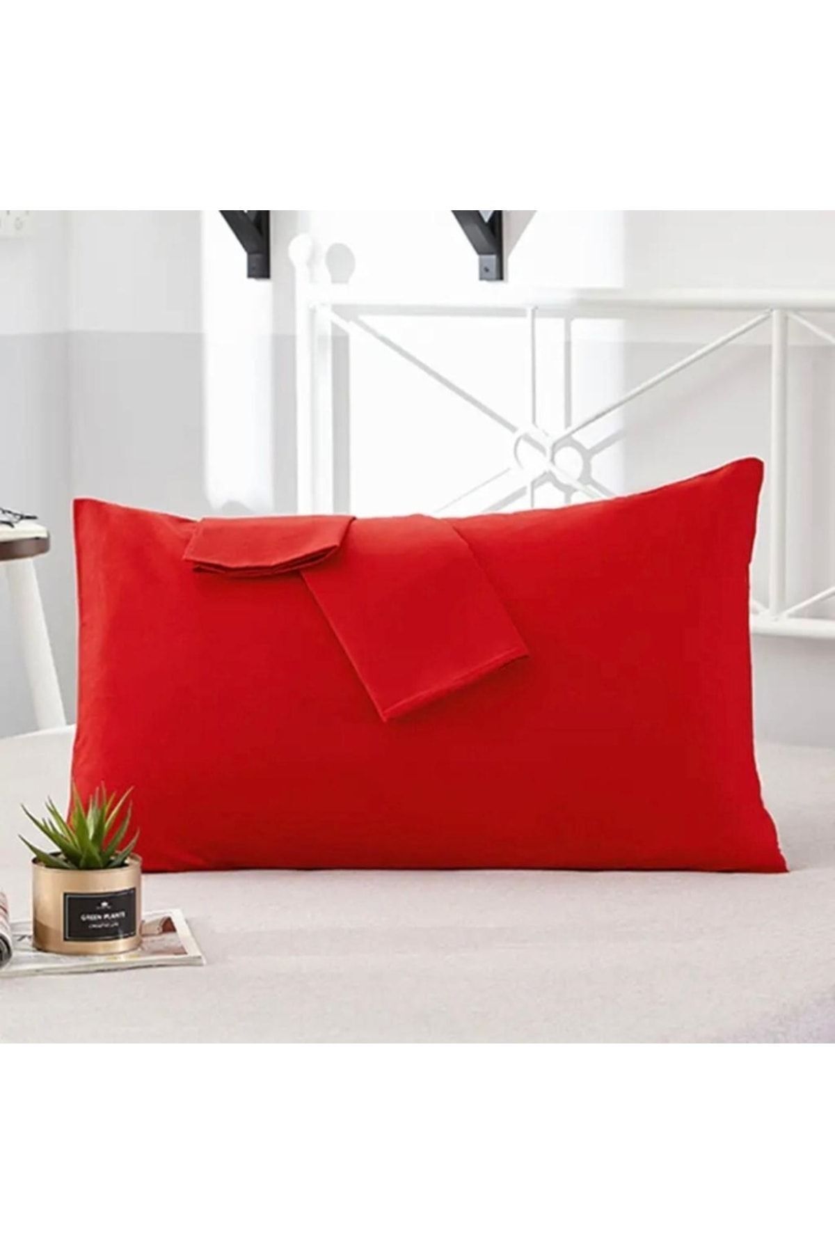 MODELHOME Kırmızı Renkli Pamuklu Kumaştan Kapaklı Yastık Kılıfı (2 Adet) 50 X 70 Cm